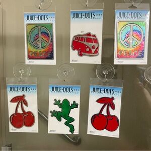 (Set Of 6) “Juice Dots” Decorative Magnets ( 2 Peace, 1 Van, 1 Frog, 2 Cherries)